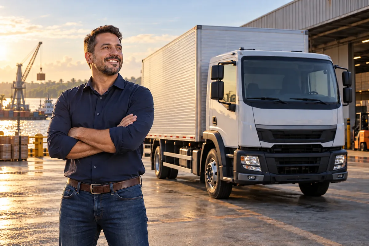 Empreendedor com caminhão em ambiente logístico paraense